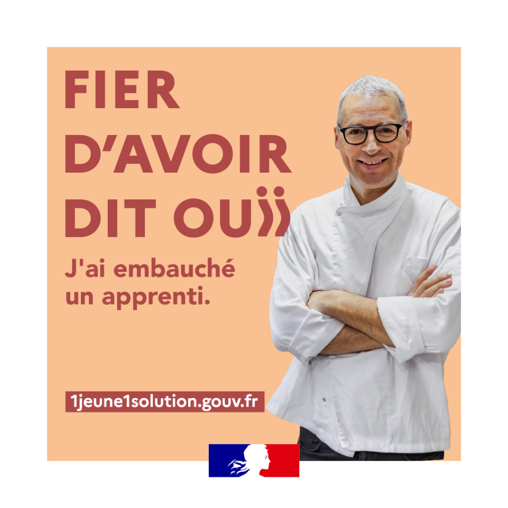 Affiche promotionnelle n°3 du gouvernement pour embauché un apprenti grâce au site 1jeune1solution.gouv.fr