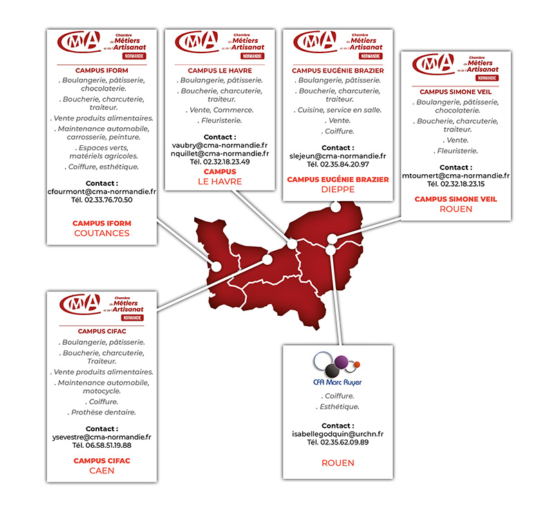 Carte représentant les différents campus accueillant la Prépa Apprentissage avec les contacts