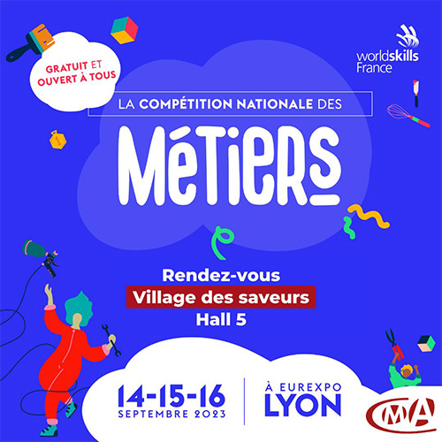 Affiche promotionnelle sur la compétition nationale des métiers à Lyon les 14, 15 et 16 septembre 2023.