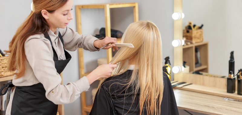 Hair cutting. Professional hairdresser working with client in salon