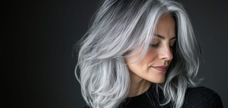 A transitioning-to-grey-hair guide, showcasing a gradual process of blending natural grey with highlights or lowlights