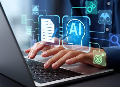 AI agent analyzing data and generating reports. Artificial intelligence and intelligent automation IA technology. Businessman using laptop computer to give instructions to AI at desk in office.