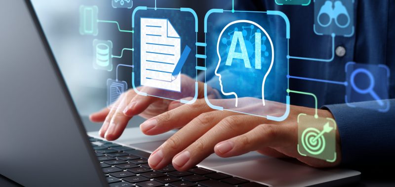 AI agent analyzing data and generating reports. Artificial intelligence and intelligent automation IA technology. Businessman using laptop computer to give instructions to AI at desk in office.