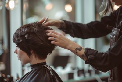 A stylist giving a client a pixie cut. stock image, hd quality, natural look, depth of field, bright, clean, high tech, not busy, simple composition, soft-focused, bright exposure, realistic textures --ar 16:9 --style raw Job ID: 85b3a070-8f3b-43e9-98cb-02fd548a2667