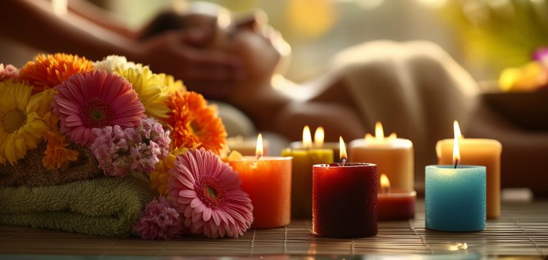 Serene Spa Scene Featuring Colorful Gerbera Flowers Burning Candles and Woman Receiving Facial Massage