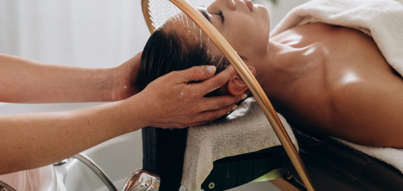 Scalp treatment spa using circulating shower water system for professional head wash therapy.