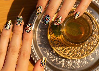 Close-up of elegant hands with unique mosaic nail art holding a glass of traditional Moroccan mint tea, set on a decorative silver and gold tray, showcasing style and cultural richness.