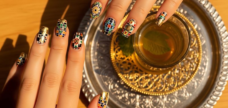 Elegant mosaic nail art design paired with traditional moroccan tea service Close-up of elegant hands with unique mosaic nail art holding a glass of traditional Moroccan mint tea, set on a decorative silver and gold tray, showcasing style and cultural richness.