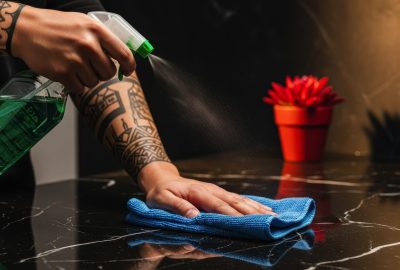 Tattooed hand spraying green cleaning solution onto a sleek black marble countertop and wiping with a blue microfiber cloth. focus on hygiene, domestic chores, and home maintenance.