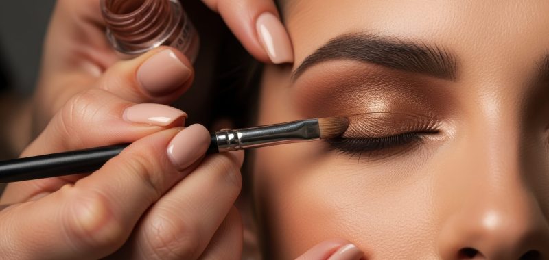 Professional makeup artist hands applying shimmering brown eyeshadow to a model closed eye with a brush, focusing on beauty and cosmetic application.