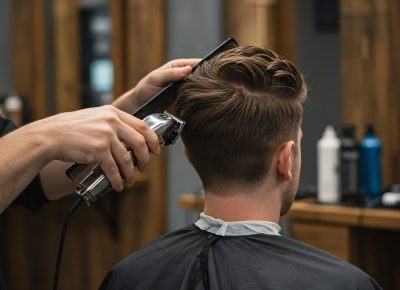 Barber trimming a man's hair with clippers and comb in a salon, close-up rear view of client getting a haircut