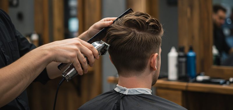 Barber trimming a man's hair with clippers and comb in a salon, close-up rear view of client getting a haircut