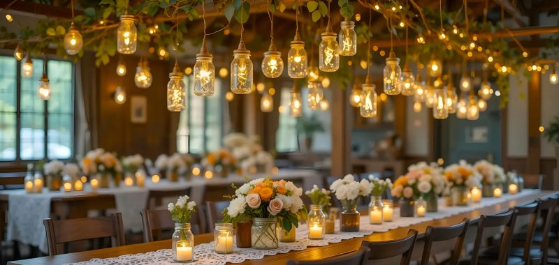 Enchanting wedding reception table with mason jar lights and floral centerpieces creates magical ambiance