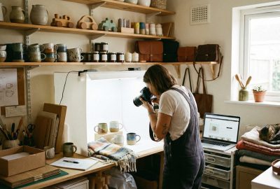 Woman photographing ceramic mugs in home studio, lifestyle product photography.
