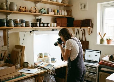 Woman photographing ceramic mugs in home studio, lifestyle product photography.
