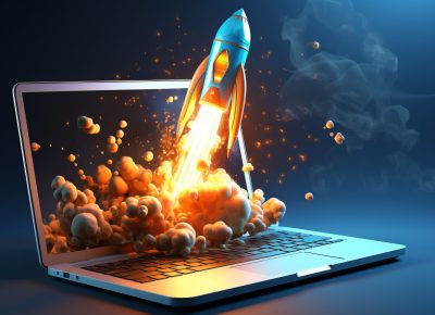 Illustration of a cartoon rocket launching from laptop screen on vibrant blue background