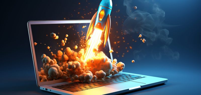 Illustration of a cartoon rocket launching from laptop screen on vibrant blue background
