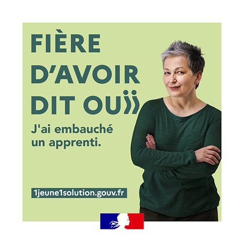 Affiche promotionnelle du gouvernement pour embauché un apprenti grâce au site 1jeune1solution.gouv.fr