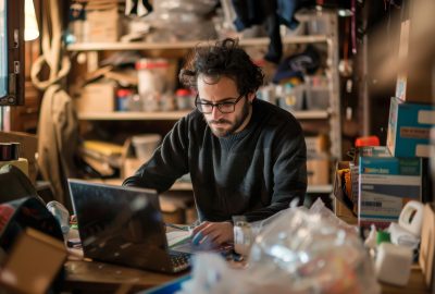 A man is sitting at a desk with a laptop open. He is wearing glasses and he is focused on his work. The room is cluttered with various items, including a backpack, a bottle, and a cup