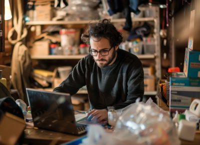 A man is sitting at a desk with a laptop open. He is wearing glasses and he is focused on his work. The room is cluttered with various items, including a backpack, a bottle, and a cup