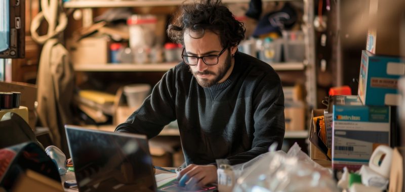 A man is sitting at a desk with a laptop open A man is sitting at a desk with a laptop open. He is wearing glasses and he is focused on his work. The room is cluttered with various items, including a backpack, a bottle, and a cup